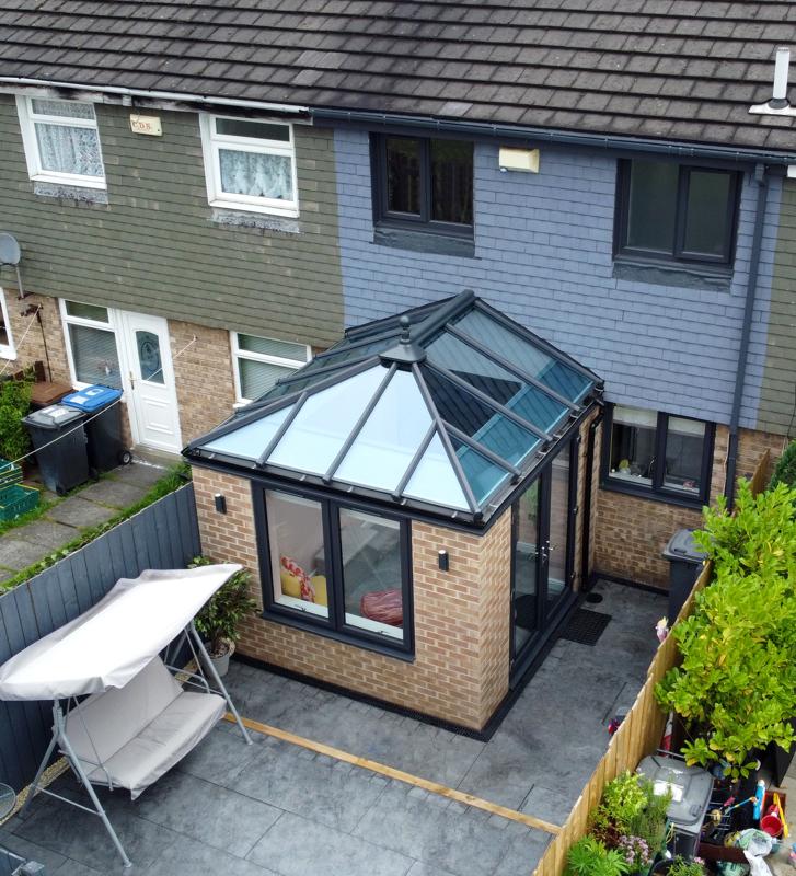 aerial view of a modern glazed extension installation